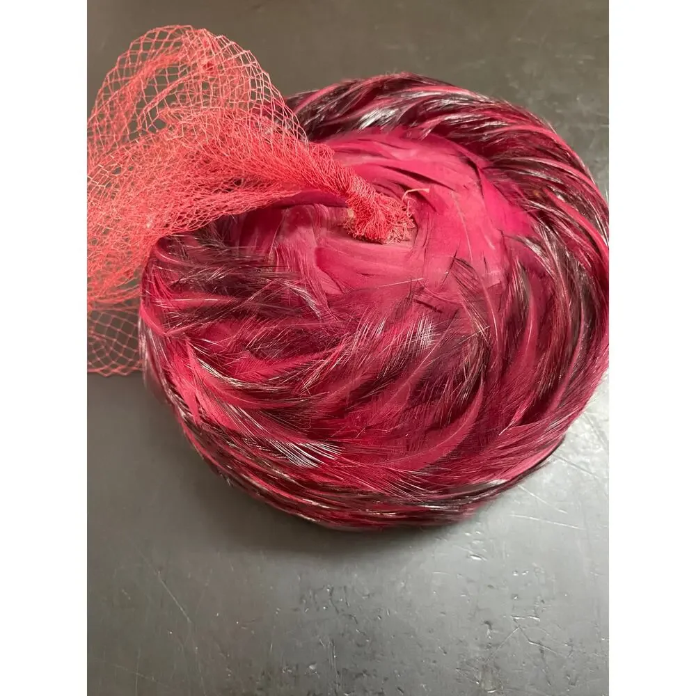 vintage 1960s maroon feather pillbox hat, 60s fashion, bird millinery, net veil